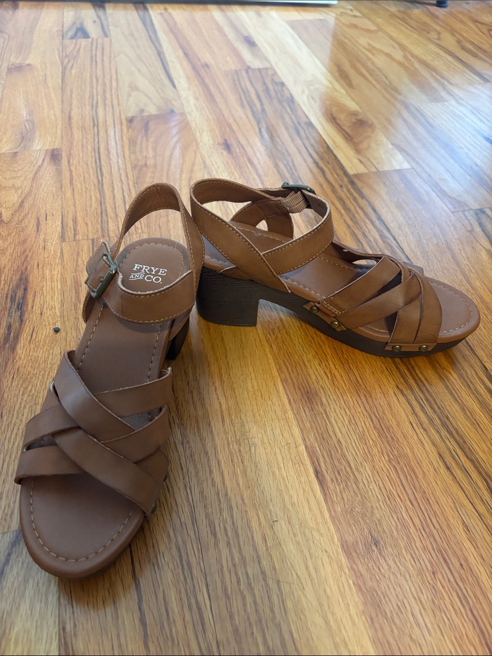 FRYE AND CO. Tan Leather Strappy Block Heel Sandals